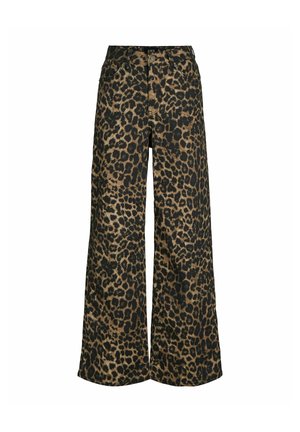 Bukser med vidde i benene med leopardprint i brune og sorte toner, med bæltestropper, forreste knap og lommer.