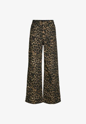 Broek met wijde pijpen met luipaardprint in bruine en zwarte tinten, met riemlussen, voorknop en zakken.