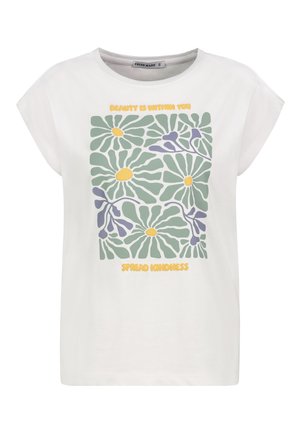 White t-shirt with a relaxed fit, featuring a floral graphic in green, purple, and yellow. Text reads "BEAUTY IS WITHIN YOU" and "SPREAD KINDNESS."