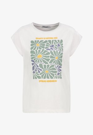 Weißes T-Shirt mit lässiger Passform, das eine floral Grafik in Grün, Lila und Gelb aufweist. Der Text lautet "DIE SCHÖNHEIT LIEGT IN DIR" und "VERBREITE FREUNDLICHKEIT."