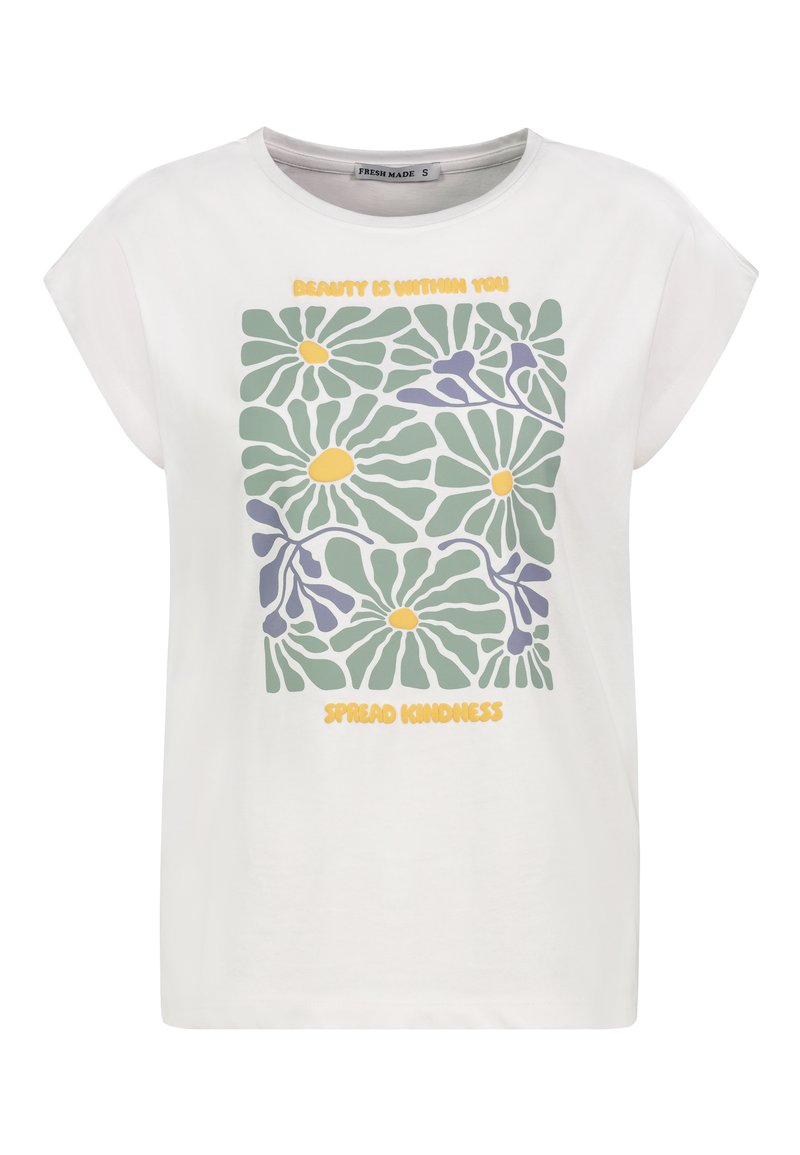 White t-shirt with a relaxed fit, featuring a floral graphic in green, purple, and yellow. Text reads "BEAUTY IS WITHIN YOU" and "SPREAD KINDNESS."