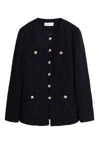 Schwarze Tweedjacke mit Rundhalsausschnitt, goldenen Knöpfen und vier Fronttaschen. Strukturierten Stoff und lockeren Schnitt.