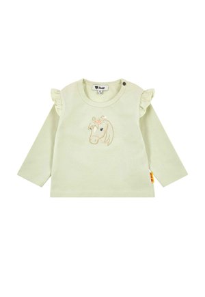 Blassgrünes Langarmhemd mit gerafften Schulterakzenten und einem bestickten Einhornmotiv mit Blumen. Zwei seitliche Druckknöpfe am Ausschnitt.
