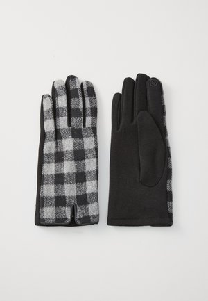 Ein Paar Handschuhe mit einem schwarz-grauen Karomuster auf einer Seite und einfarbig schwarzem Stoff auf der anderen Seite, flach auf einem weißen Hintergrund ausgelegt.