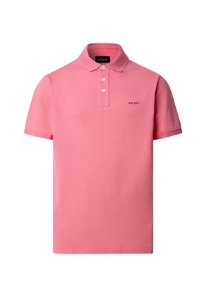 Rosa Polohemd mit kurzen Ärmeln, drei Knöpfen und kleinem schwarzem "Hackett"-Logo auf der linken Brustseite.
