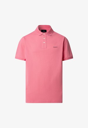 Rosa Polohemd mit kurzen Ärmeln, drei Knöpfen und kleinem schwarzem "Hackett"-Logo auf der linken Brustseite.