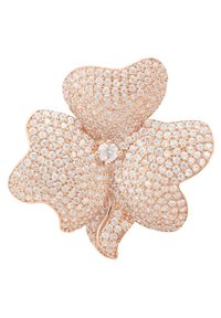 Rose gold brooch shaped like three petals, encrusted with small clear crystals, featuring a central round stone for added detail.