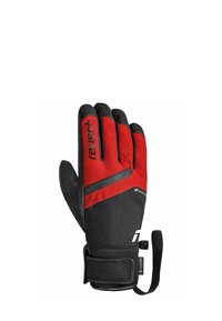 Black and red ski glove with a textured finish, featuring a wrist strap and a logo. Made from waterproof materials for cold weather use.