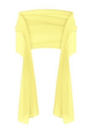Yellow chiffon wrap with a smooth texture and draped design. Features wide ends that taper, allowing for versatile styling options.