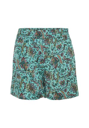 Turkis shorts med farverigt paisley blomsterprint og elastisk talje, vist mod en hvid baggrund.