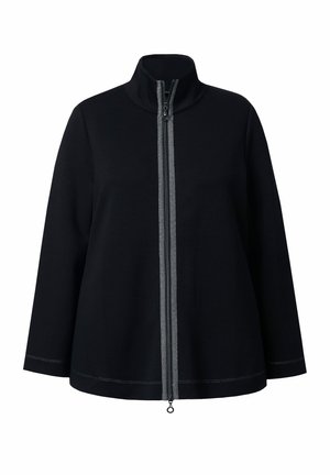 Zwarte fleecejas met een hoge kraag, voorzien van een tweerichtingsrits en contrasterende grijze stiksels langs de naden. Ontspannen pasvorm.
