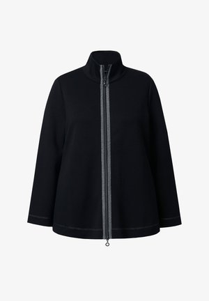 Schwarze Fleecejacke mit hohem Kragen, ausgestattet mit einem beidseitig zu öffnenden Reißverschluss und kontrastierenden grauen Nähten entlang der Nähte. Design mit entspanntem Schnitt.