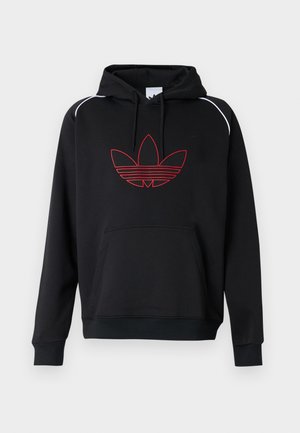 Svart hoodie med en framfickakänguruficka, med en röd konturerad trebladig logga och vita accentstygn på axlarna.