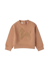 Felpa color marrone chiaro con una lavorazione in paillettes beige a forma di barboncino applicata sulla parte frontale, colletto a coste e maniche lunghe. Materiale morbido in misto cotone.