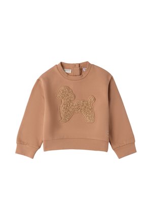 Felpa color marrone chiaro con una lavorazione in paillettes beige a forma di barboncino applicata sulla parte frontale, colletto a coste e maniche lunghe. Materiale morbido in misto cotone.