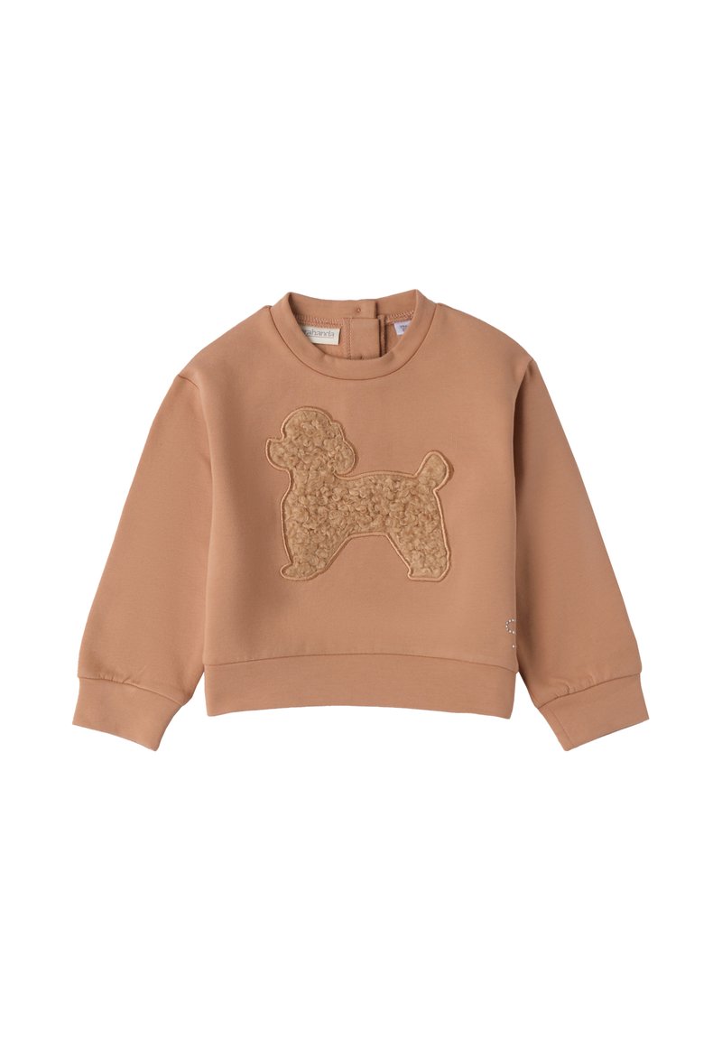 Felpa color marrone chiaro con una lavorazione in paillettes beige a forma di barboncino applicata sulla parte frontale, colletto a coste e maniche lunghe. Materiale morbido in misto cotone.