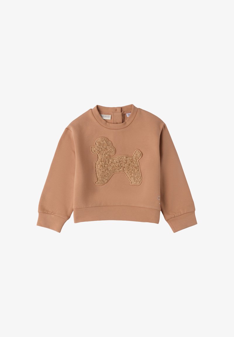Lichtbruin sweatshirt met een getextureerde beige poodle applicatie op de voorkant, ribbelkraag en lange mouwen. Zachte katoenmix.