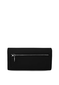 Černá kožená peněženka s hladkou texturou, obdélníkového tvaru, s stříbrným zipovým oddělením a minimalistickým designem.