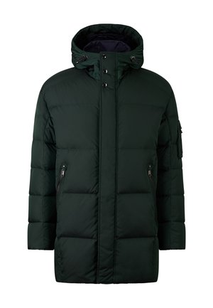 Groene pufferjas met capuchon, voorzien van een ritszak en drukknoopsluitingen. Gestructureerde stof met een doorgestikt patroon voor isolatie.