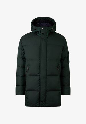 Zielona puchówka z kapturem, z zamkniętą kieszenią na zamek błyskawiczny i zatrzaskami. Teksturowany materiał z pikowanym wzorem dla lepszej izolacji.