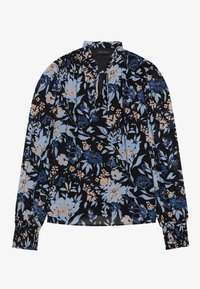 Floral blouse with long sleeves, black background, blue and peach flowers, high neckline, and smocked cuffs. Lightweight, flowing fabric.