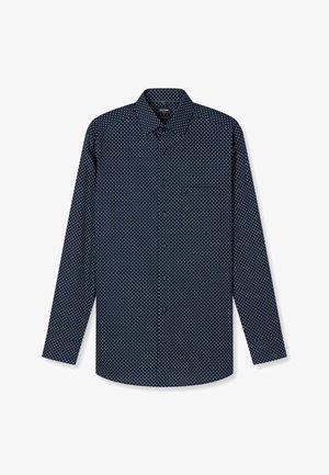 Marineblaues langärmeliges Hemd mit kleinen weißen Rautenmuster und klassischem Kragen.