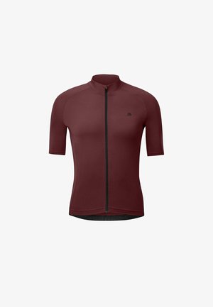 Lyhythihainen viininpunainen pyöräilypaita, jossa on täysi etuvetoketju ja pieni musta logo vasemmalla rinnalla valkoista taustaa vasten.