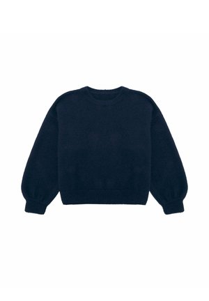 marineblauwe, gebreide trui met een ronde halslijn, lange mouwen en geribbelde manchetten en zoom. Zachte textuur met een relaxte pasvorm.