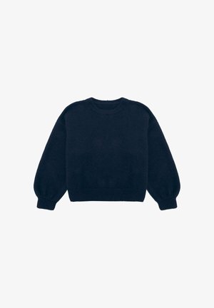 navy blue, knitted sweater with a round neckline, long sleeves, and ribbed cuffs and hem. Soft texture with a relaxed fit.