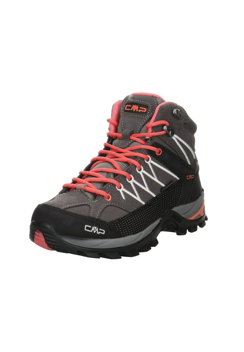 Szare buty trekkingowe z pomarańczowymi akcentami, z siateczkowego i syntetycznego materiału, z wysoką cholewką, teksturowaną gumową podeszwą i logo z boku.