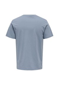 Short-sleeve t-shirt in light blue, cotton material, crew neck, smooth texture, plain design with no visible patterns or accents.