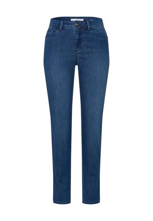 Donkerblauwe denim jeans met een slim fit, vijf zakken ontwerp, rechte broekspijpen en een knoopsluiting aan de taille. Gladde textuur.