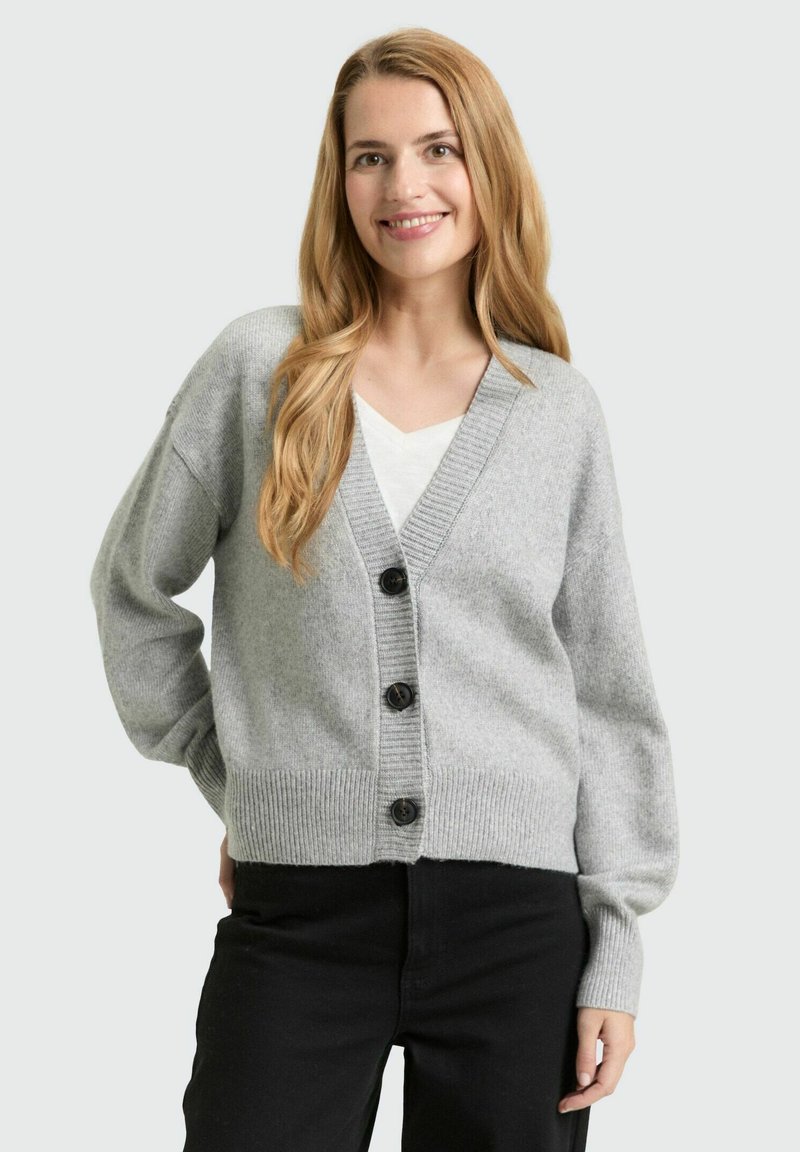 Cardigan en maille gris clair avec un col en V, des manches surdimensionnées et quatre boutons foncés. Texture côtelée aux poignets et à l'ourlet, superposé à un haut blanc.