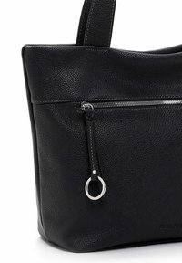 Black leather handbag with pebbled texture, featuring a top zip closure and a front ZIP pocket with silver hardware and a circular accent.