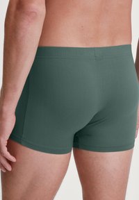Boxershorts in donkergroene stof, aansluitend ontwerp met een gladde textuur, elastische tailleband en naadloze beenopeningen. Kenmerkt een minimalistische stijl.