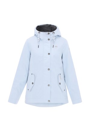 Chaqueta impermeable azul claro con capucha, que presenta botones a presión, bolsillos frontales y cordones para un ajuste ajustable. Suave forro interior.