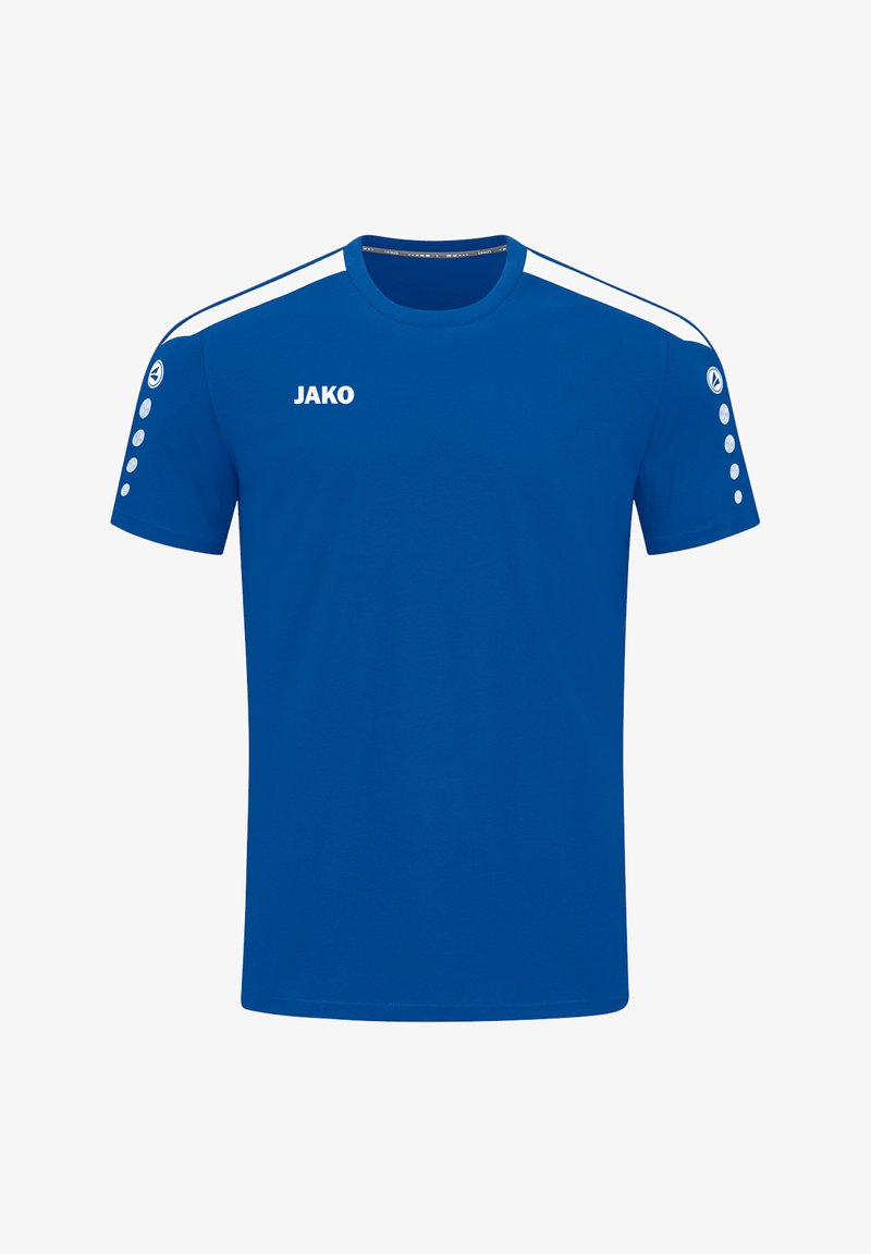 T-shirt bleu à manches courtes en coton. Présente des détails de rayures blanches sur les épaules et un col rond. Logo de la marque à l'avant.