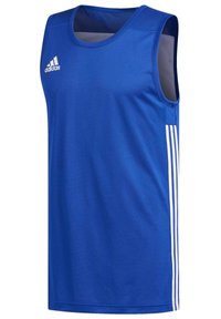 Blå ärmlös Adidas sporttröja med vita tre ränder på sidorna och Adidas-logotyp på övre bröstet.