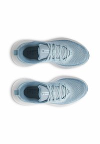 Light blue athletic shoes featuring a mesh upper, flat laces, and a padded collar, with a white translucent sole and branded insole.