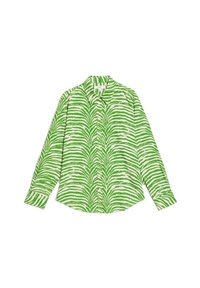 Camicia a maniche lunghe con bottoni, a strisce zebra verdi e bianche, con colletto classico, disposta distesa su uno sfondo bianco.