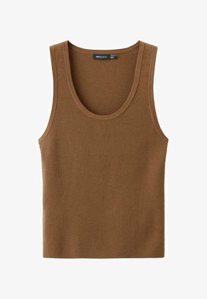 Brązowy bezrękawnik o ribbowanej fakturze. Okrągły dekolt, miękki materiał i czysty, prosty design bez dodatkowych ozdób.