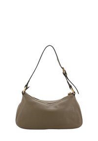 Gray leather handbag with a curved shape, single black shoulder strap, and gold zipper detail. Textured surface adds depth.
