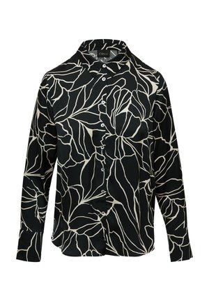 Schwarzes Hemd mit langen Ärmeln, das ein weißes Blattmuster und einen klassischen Kragen aufweist. Hergestellt aus glattem Stoff mit taillierter Passform.