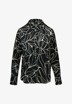 Schwarzes Hemd mit langen Ärmeln, das ein weißes Blattmuster und einen klassischen Kragen aufweist. Hergestellt aus glattem Stoff mit taillierter Passform.