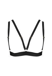 Bralette noir avec des bretelles satinées réglables, une large bande, et des détails en métal doré. Conçu avec une forme minimaliste et structurée.