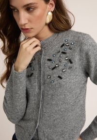 Šedý pletený cardigan se zapínáním na knoflíky, zdobený černými a modrými kamínky v oblasti hrudi.