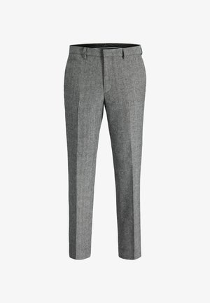 Graue maßgeschneiderte Hosen aus einem strukturierten Stoff, mit flachem Frontdesign, zwei vorderen Taschen und einem glatten Bund.