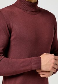 Bordowy sweter z golfem wykonany z elastycznej dzianiny, z prążkowanym kołnierzem i mankietami. Gładka faktura i dopasowany krój.