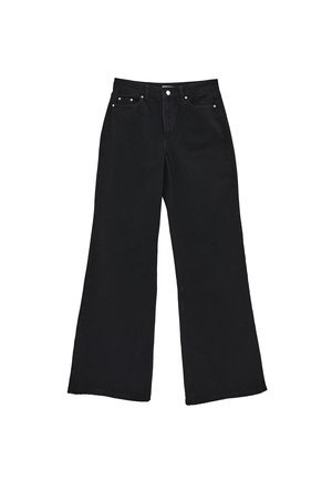 Jeans neri a gamba larga in denim, con vita alta, cinque tasche e finiture in tonalità rame. Senza decorazioni, con texture liscia.