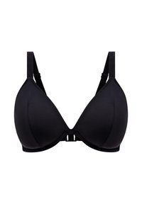 Sujetador acolchado negro con forma triangular. Cuenta con tirantes ajustables y una textura suave, asegurado con cierre de gancho y ojo.